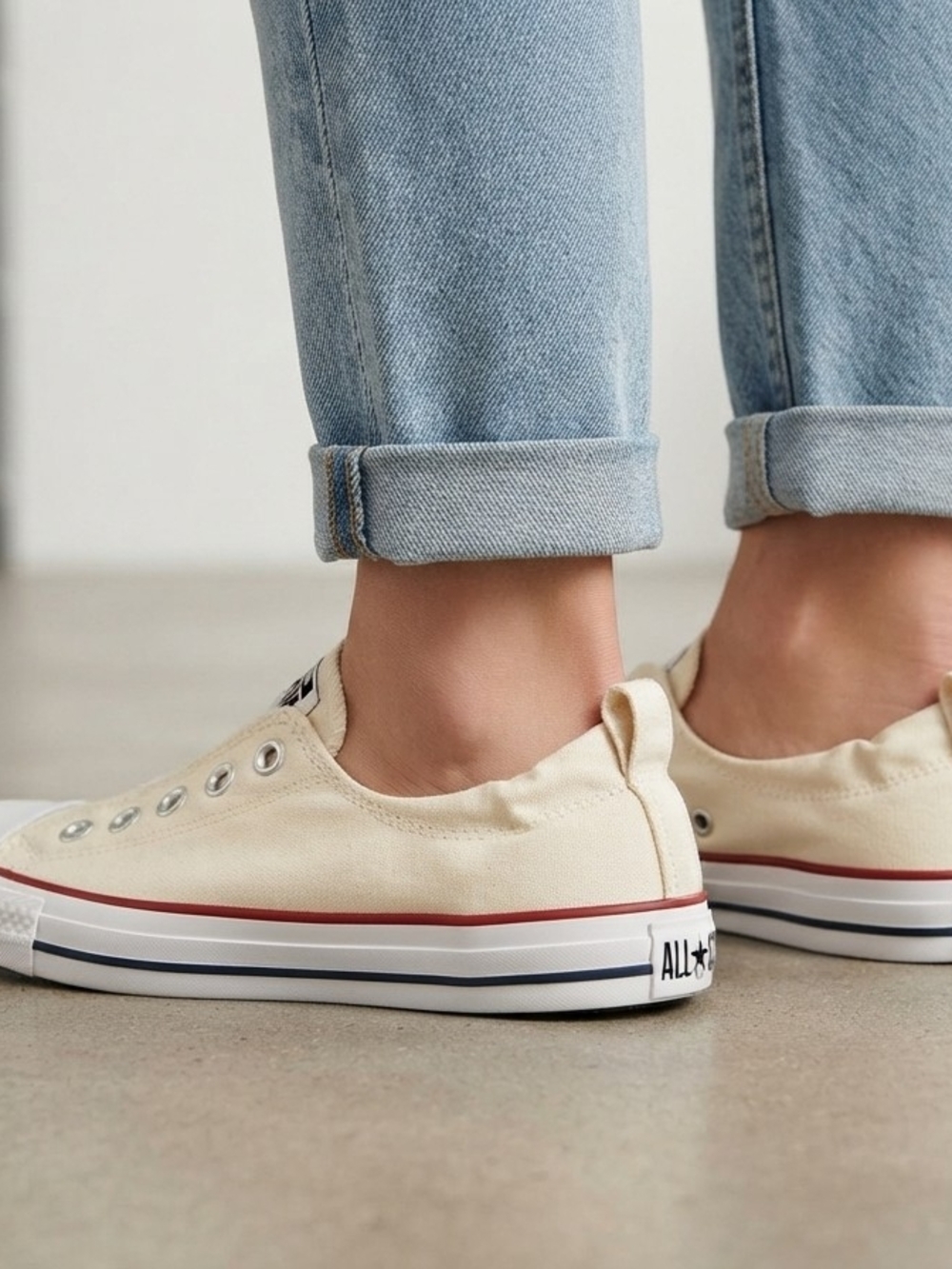 Converse Low-Top Canvas Sneakers in Cream with Red & Navy Stripe